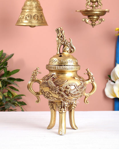 Tibetan Brass Dhoop Burner with Dragon & Snow Lion Design – Loban Daani Incense Holder 9.5" - Budhshiv.com