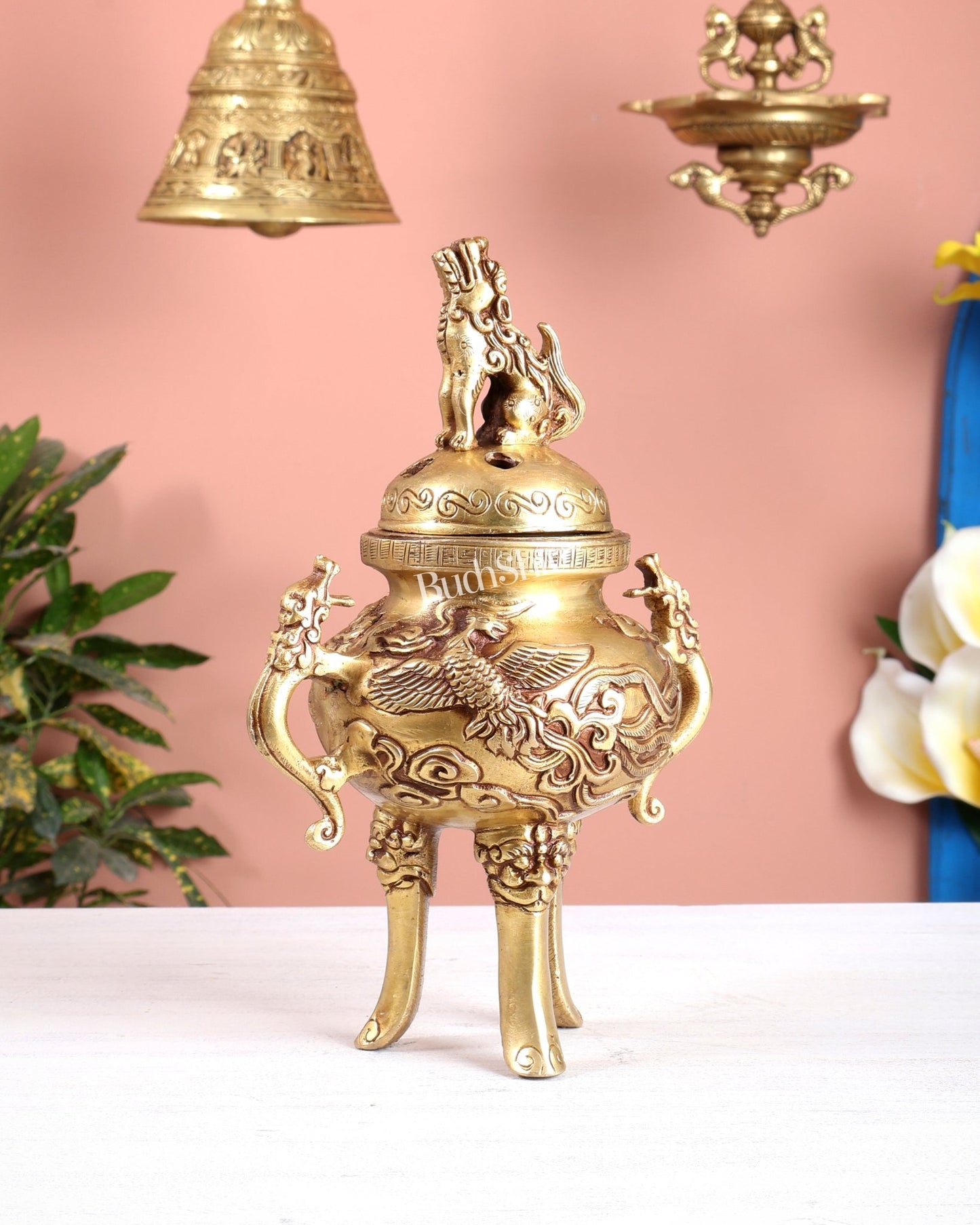Tibetan Brass Dhoop Burner with Dragon & Snow Lion Design – Loban Daani Incense Holder 9.5" - Budhshiv.com