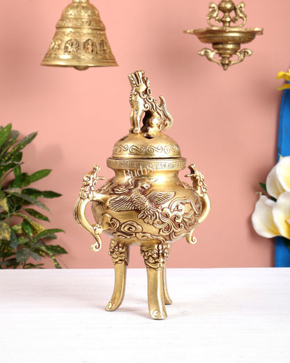 Tibetan Brass Dhoop Burner with Dragon & Snow Lion Design – Loban Daani Incense Holder 9.5" - Budhshiv.com