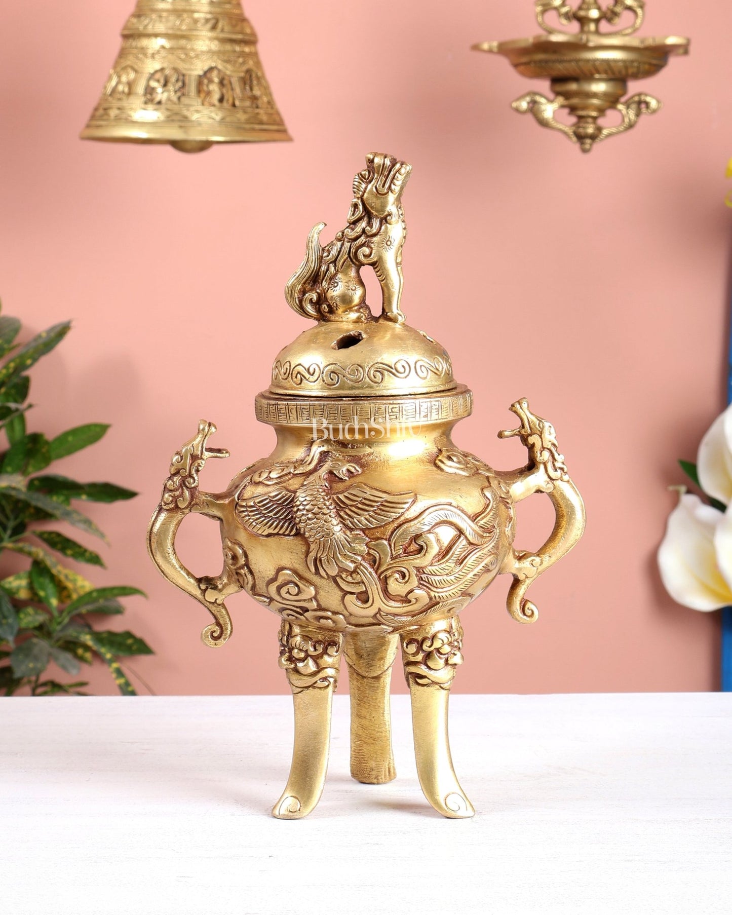 Tibetan Brass Dhoop Burner with Dragon & Snow Lion Design – Loban Daani Incense Holder 9.5" - Budhshiv.com