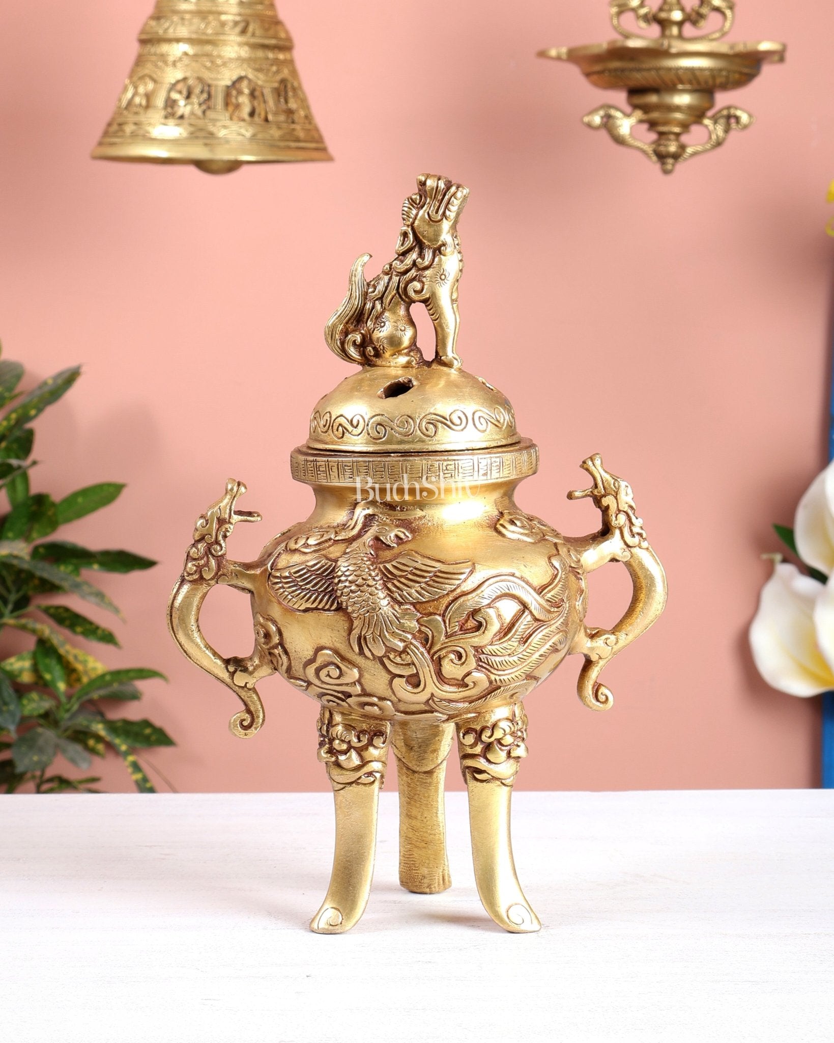 Tibetan Brass Dhoop Burner with Dragon & Snow Lion Design – Loban Daani Incense Holder 9.5" - Budhshiv.com