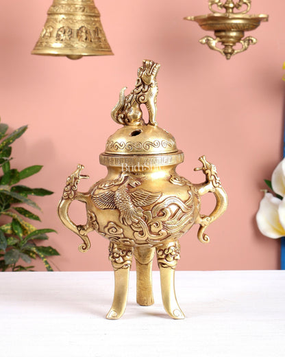 Tibetan Brass Dhoop Burner with Dragon & Snow Lion Design – Loban Daani Incense Holder 9.5" - Budhshiv.com