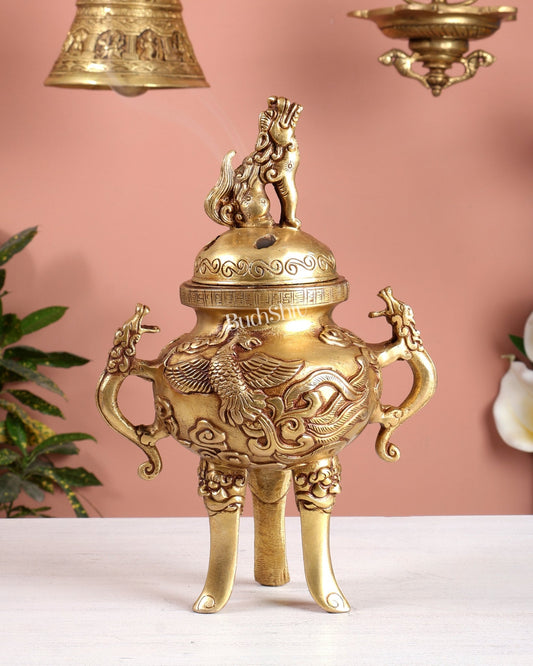 Tibetan Brass Dhoop Burner with Dragon & Snow Lion Design – Loban Daani Incense Holder 9.5" - Budhshiv.com