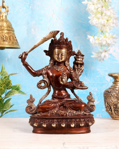 Tibetan Brass Manjushree Bodhisattva Sculpture – Dual Tone Glossy Copper Finish Wisdom Deity 9" - Budhshiv.com