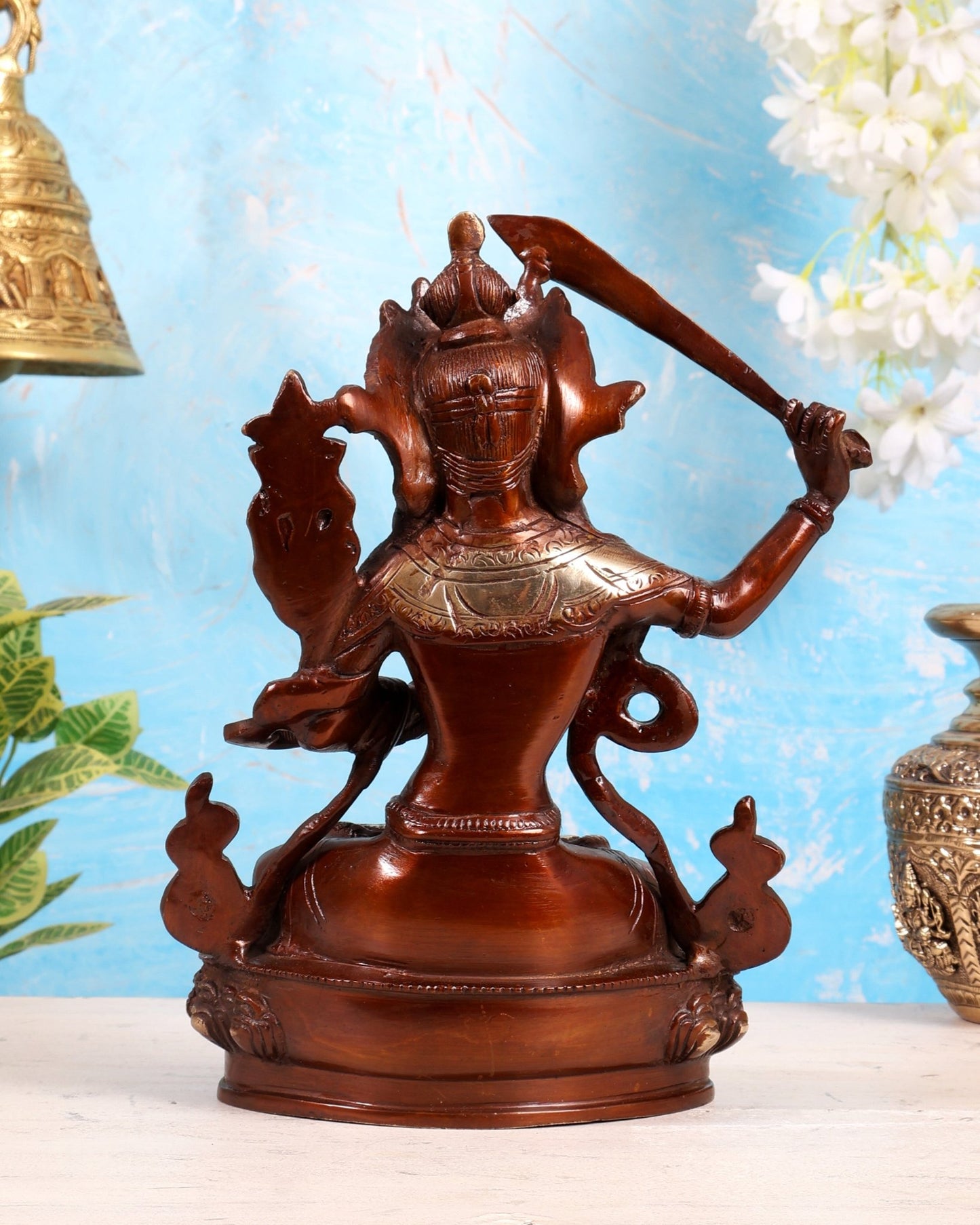 Tibetan Brass Manjushree Bodhisattva Sculpture – Dual Tone Glossy Copper Finish Wisdom Deity 9" - Budhshiv.com