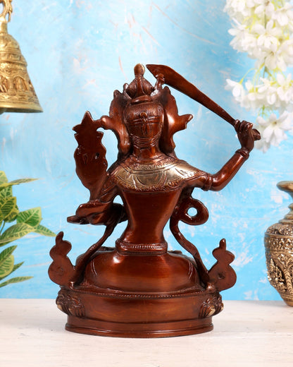 Tibetan Brass Manjushree Bodhisattva Sculpture – Dual Tone Glossy Copper Finish Wisdom Deity 9" - Budhshiv.com