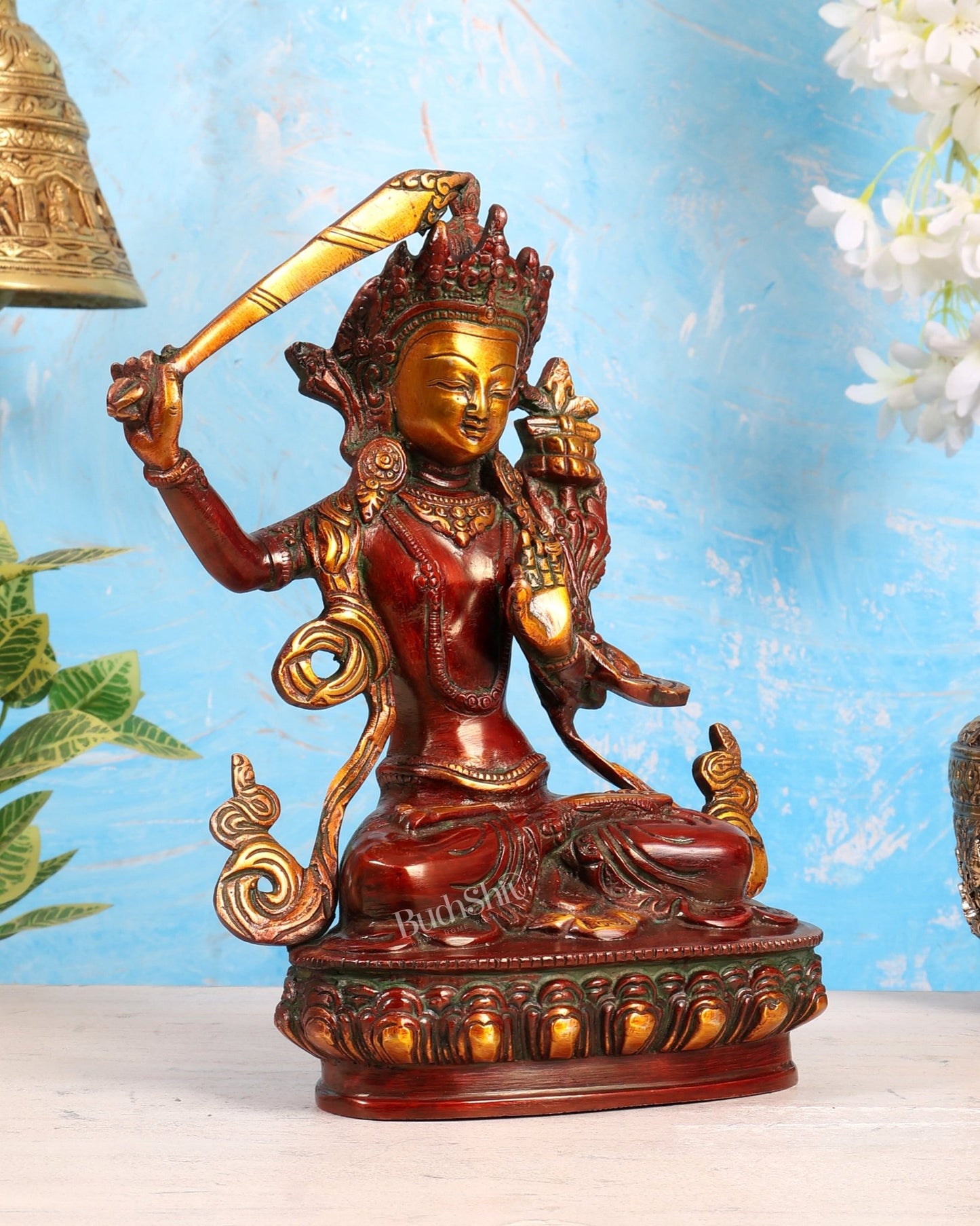 Tibetan Brass Manjushree Bodhisattva Sculpture – Dual Tone Nepalese red tone Wisdom Deity 9" - Budhshiv.com