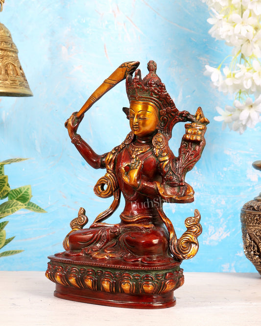 Tibetan Brass Manjushree Bodhisattva Sculpture – Dual Tone Nepalese red tone Wisdom Deity 9" - Budhshiv.com