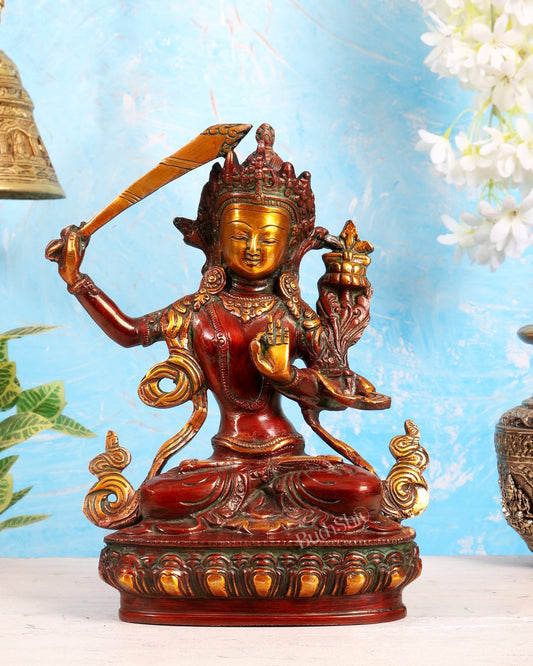 Tibetan Brass Manjushree Bodhisattva Sculpture – Dual Tone Nepalese red tone Wisdom Deity 9" - Budhshiv.com