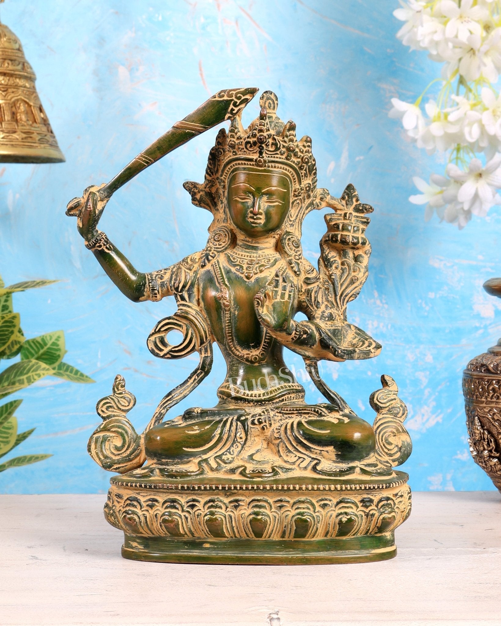 Tibetan Brass Manjushree Bodhisattva Sculpture – Green Sand Patina Himalayan Buddhist Statue 9" - Budhshiv.com