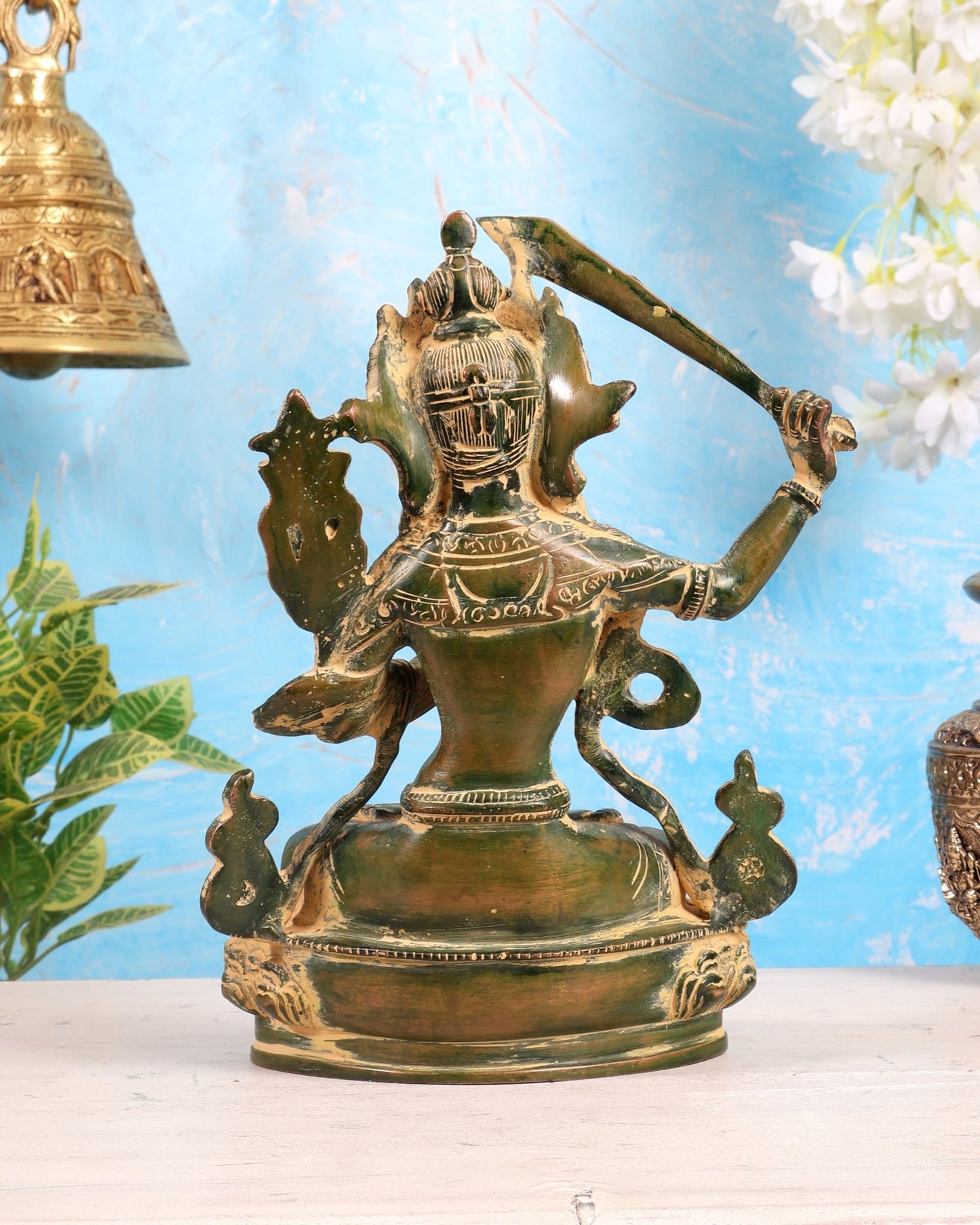 Tibetan Brass Manjushree Bodhisattva Sculpture – Green Sand Patina Himalayan Buddhist Statue 9" - Budhshiv.com
