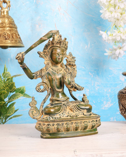 Tibetan Brass Manjushree Bodhisattva Sculpture – Green Sand Patina Himalayan Buddhist Statue 9" - Budhshiv.com