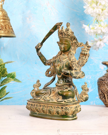 Tibetan Brass Manjushree Bodhisattva Sculpture – Green Sand Patina Himalayan Buddhist Statue 9" - Budhshiv.com