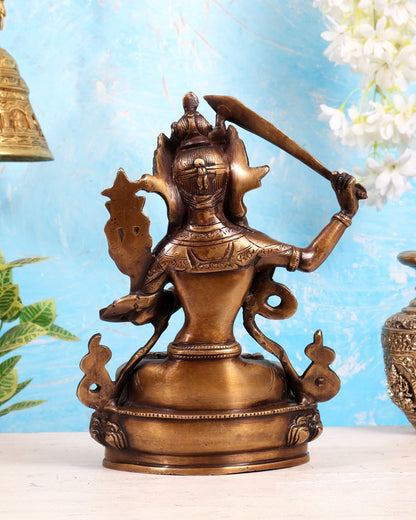 Tibetan Brass Manjushree Bodhisattva Sculpture – Oxidised Brass Wisdom Deity Statue 9" - Budhshiv.com