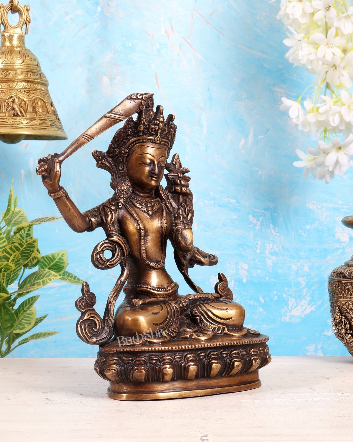Tibetan Brass Manjushree Bodhisattva Sculpture – Oxidised Brass Wisdom Deity Statue 9" - Budhshiv.com