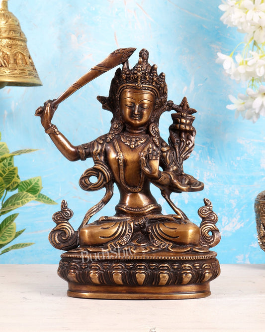 Tibetan Brass Manjushree Bodhisattva Sculpture – Oxidised Brass Wisdom Deity Statue 9" - Budhshiv.com