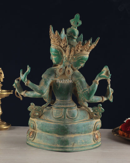 Tibetan Buddhist Deity Ushnishvijaya Brass Statue – Green Sandstone Finish, 5.8 kg - Budhshiv.com