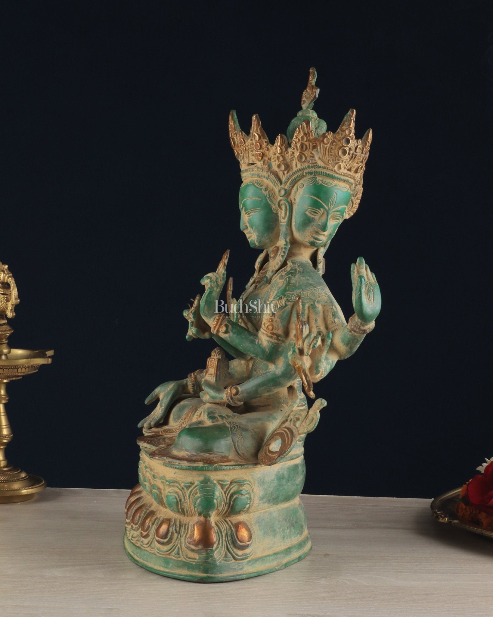 Tibetan Buddhist Deity Ushnishvijaya Brass Statue – Green Sandstone Finish, 5.8 kg - Budhshiv.com