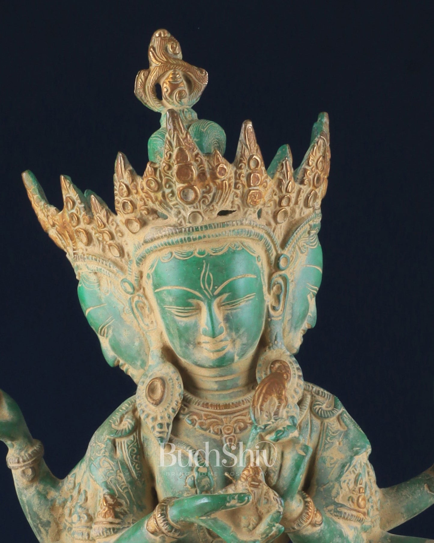 Tibetan Buddhist Deity Ushnishvijaya Brass Statue – Green Sandstone Finish, 5.8 kg - Budhshiv.com