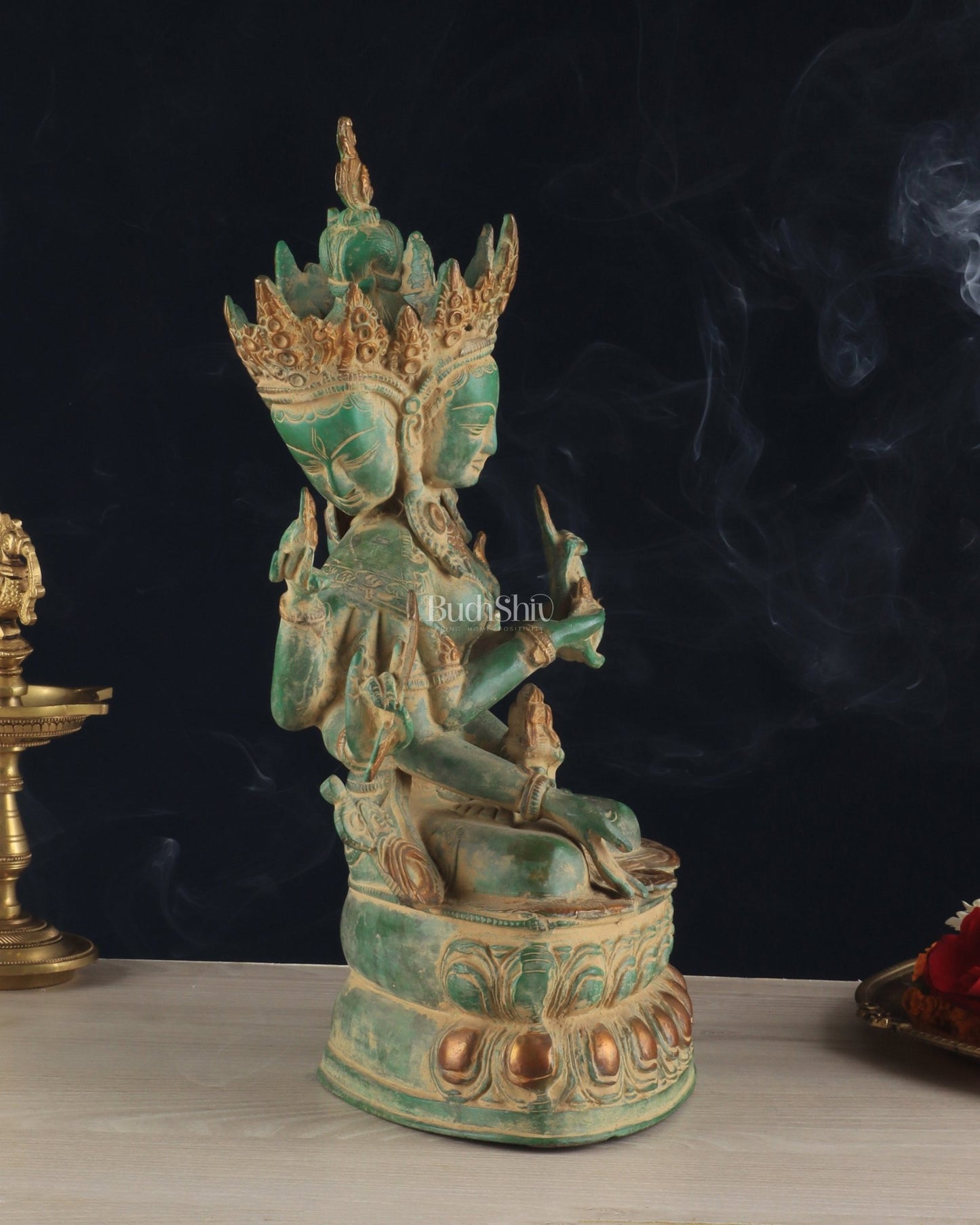 Tibetan Buddhist Deity Ushnishvijaya Brass Statue – Green Sandstone Finish, 5.8 kg - Budhshiv.com