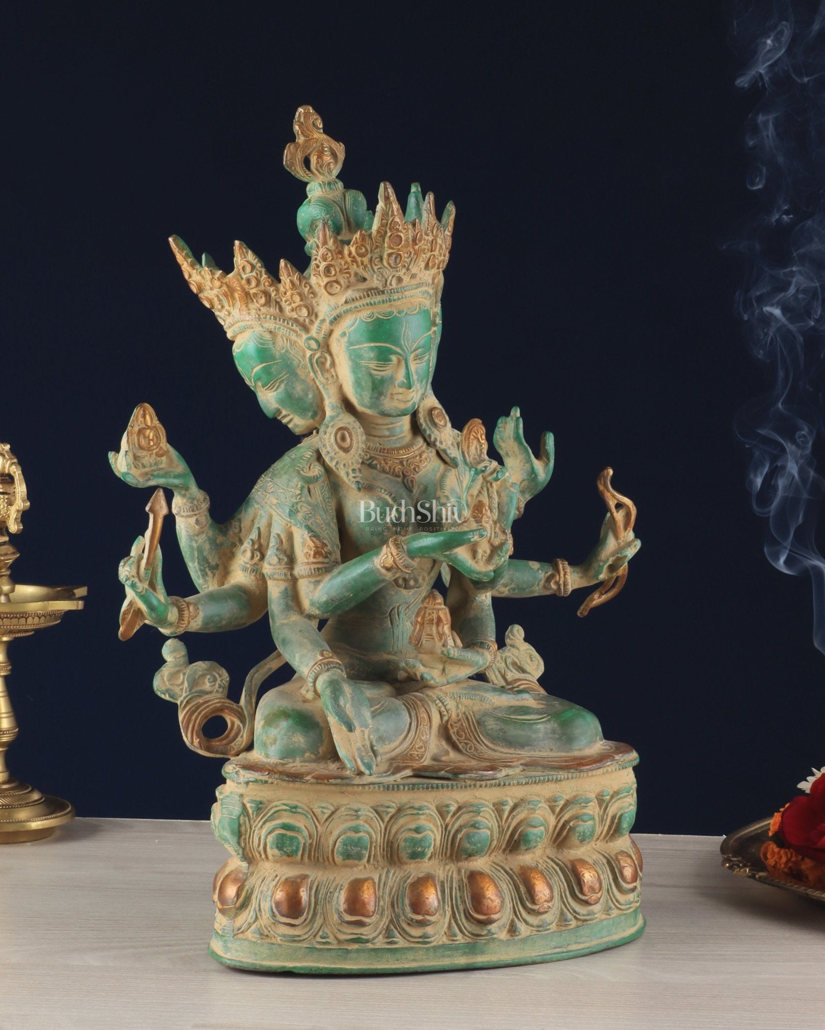 Tibetan Buddhist Deity Ushnishvijaya Brass Statue – Green Sandstone Finish, 5.8 kg - Budhshiv.com