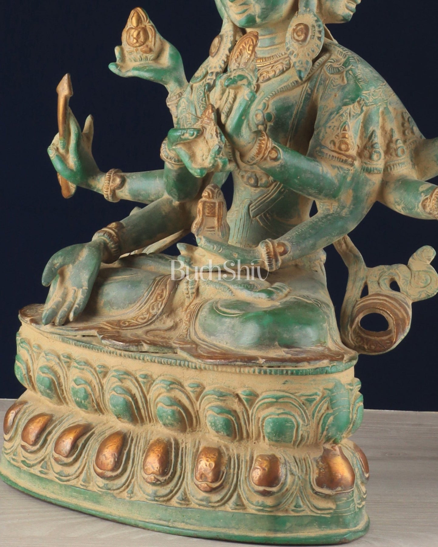 Tibetan Buddhist Deity Ushnishvijaya Brass Statue – Green Sandstone Finish, 5.8 kg - Budhshiv.com