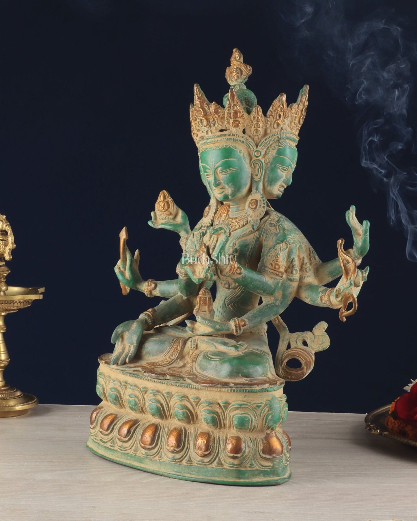 Tibetan Buddhist Deity Ushnishvijaya Brass Statue – Green Sandstone Finish, 5.8 kg - Budhshiv.com