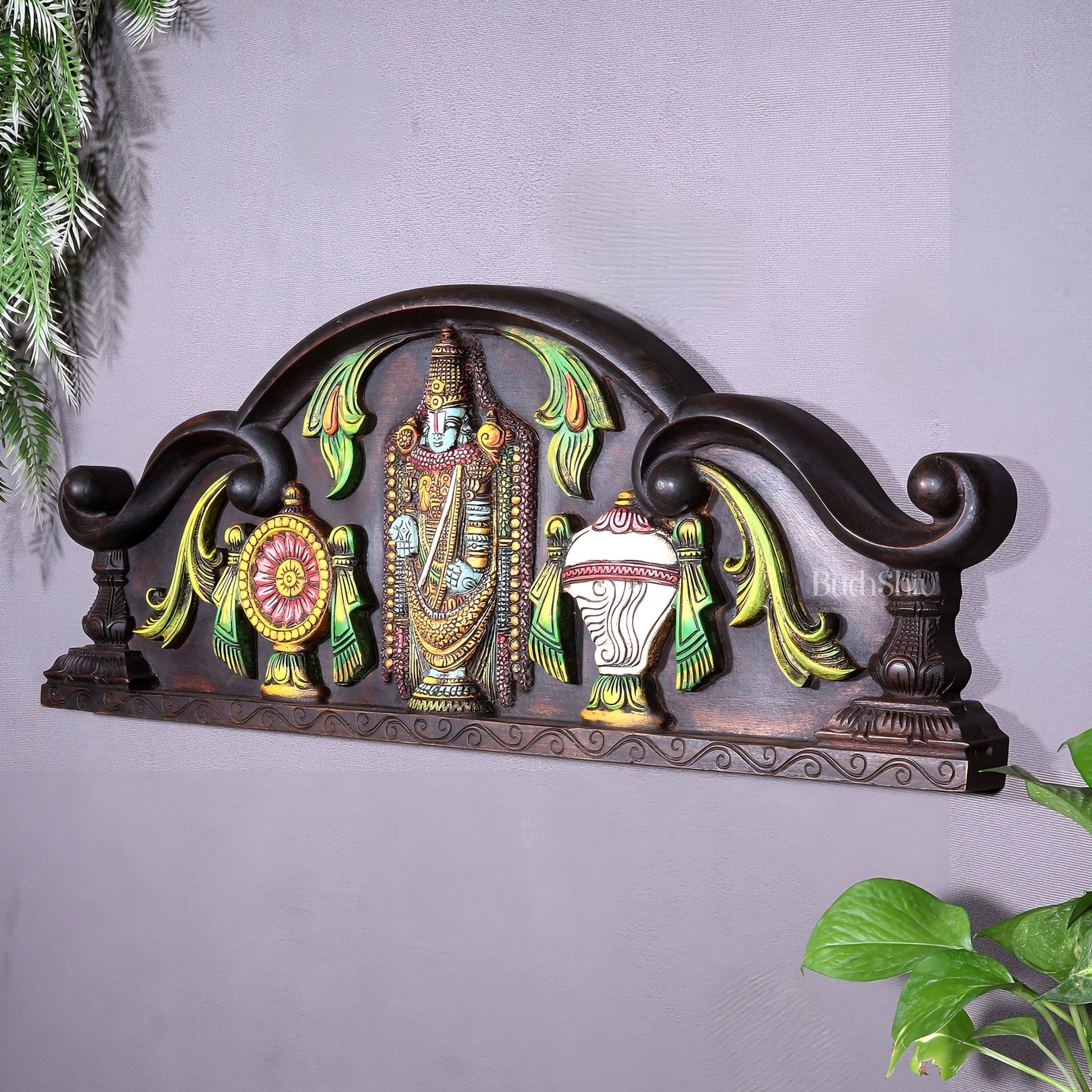 Tirupati Balaji Wooden Wall Hanging with Shankh Chakra & Floral Motifs – Handcrafted & Hand - Painted - Budhshiv.com