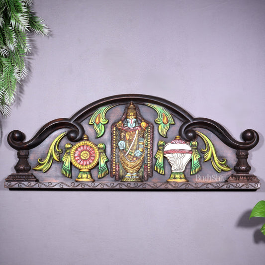 Tirupati Balaji Wooden Wall Hanging with Shankh Chakra & Floral Motifs – Handcrafted & Hand - Painted - Budhshiv.com