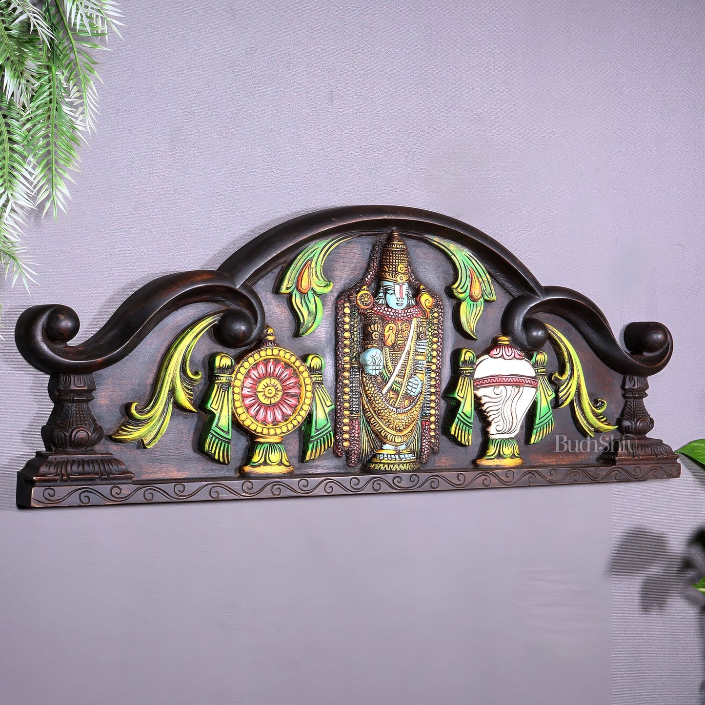 Tirupati Balaji Wooden Wall Hanging with Shankh Chakra & Floral Motifs – Handcrafted & Hand - Painted - Budhshiv.com
