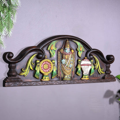Tirupati Balaji Wooden Wall Hanging with Shankh Chakra & Floral Motifs – Handcrafted & Hand - Painted - Budhshiv.com