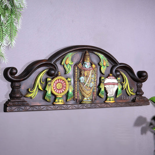 Tirupati Balaji Wooden Wall Hanging with Shankh Chakra & Floral Motifs – Handcrafted & Hand - Painted - Budhshiv.com