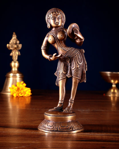 Traditional Brass Apsara with Mirror Showpiece – 6.4” dark antique - Budhshiv.com