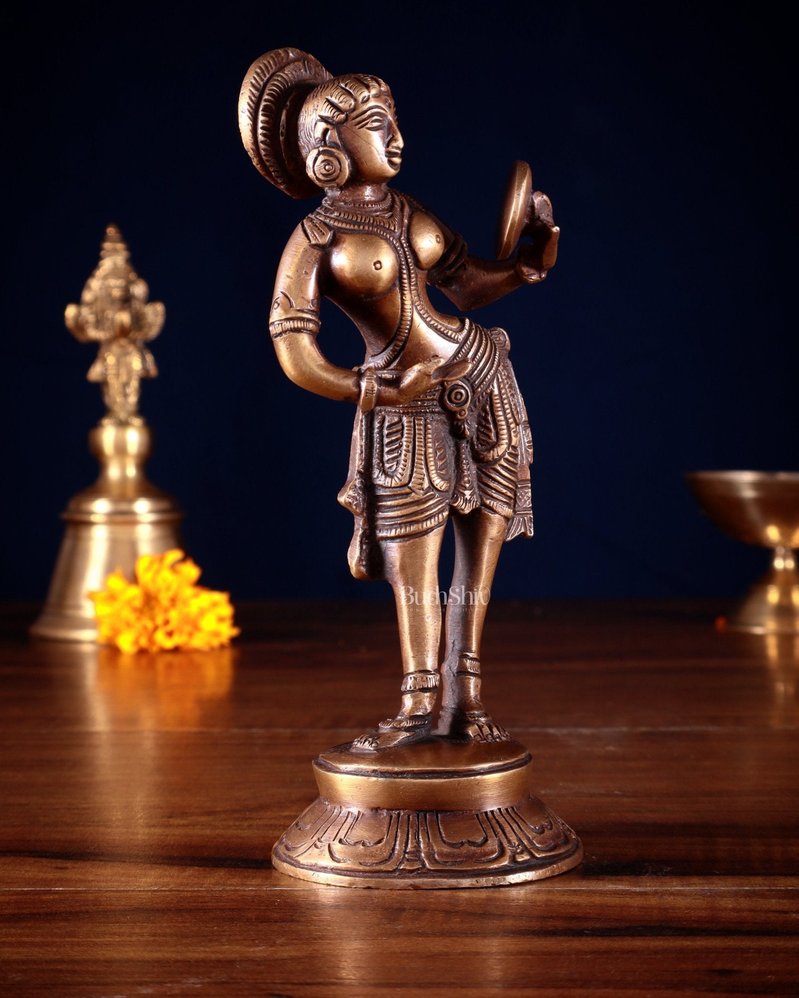 Traditional Brass Apsara with Mirror Showpiece – 6.4” dark antique - Budhshiv.com