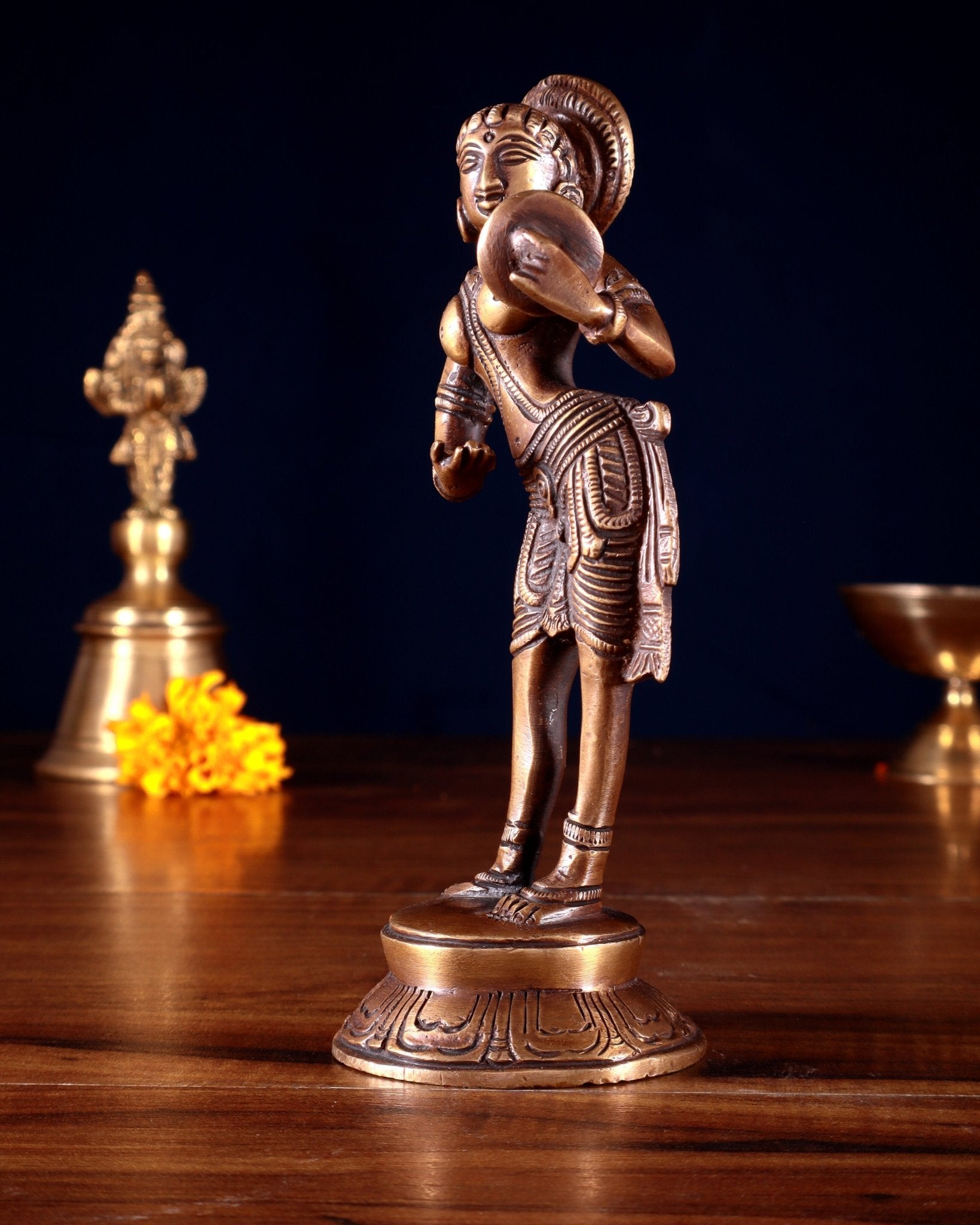 Traditional Brass Apsara with Mirror Showpiece – 6.4” dark antique - Budhshiv.com