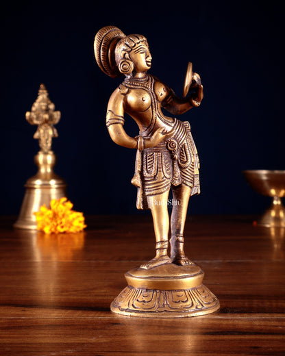 Traditional Brass Apsara with Mirror Showpiece – 6.4” light antique - Budhshiv.com