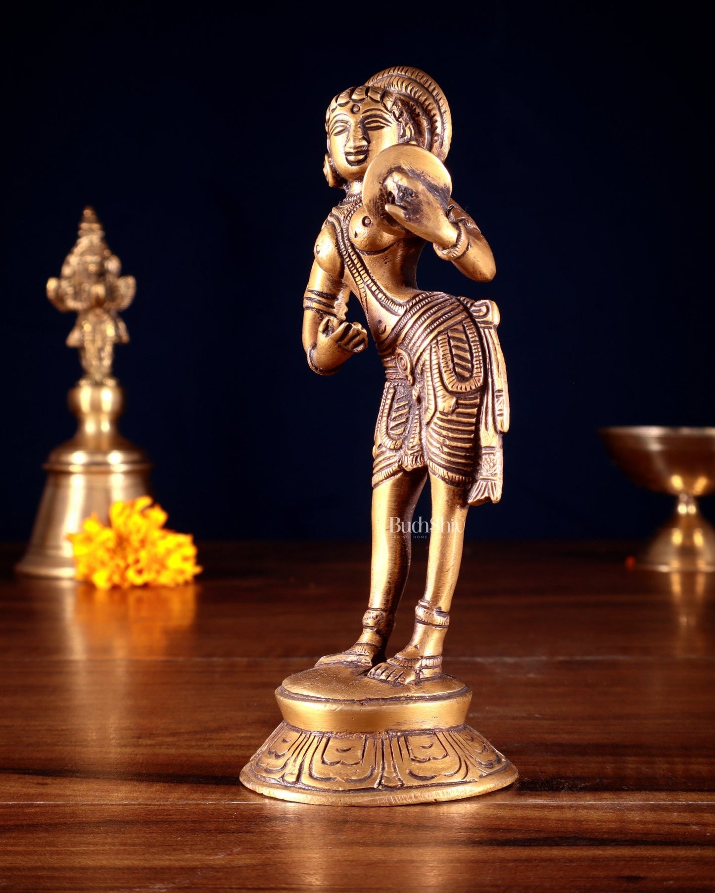 Traditional Brass Apsara with Mirror Showpiece – 6.4” light antique - Budhshiv.com