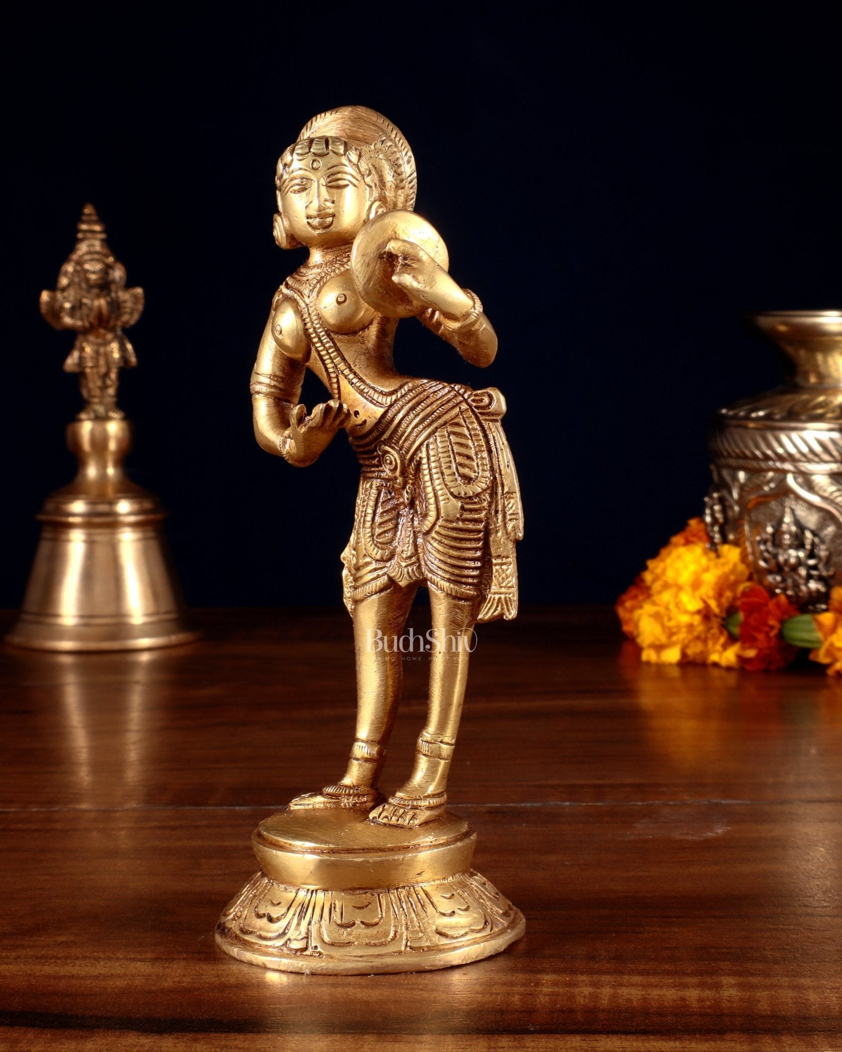 Traditional Brass Apsara with Mirror Showpiece – 6.4” - Budhshiv.com