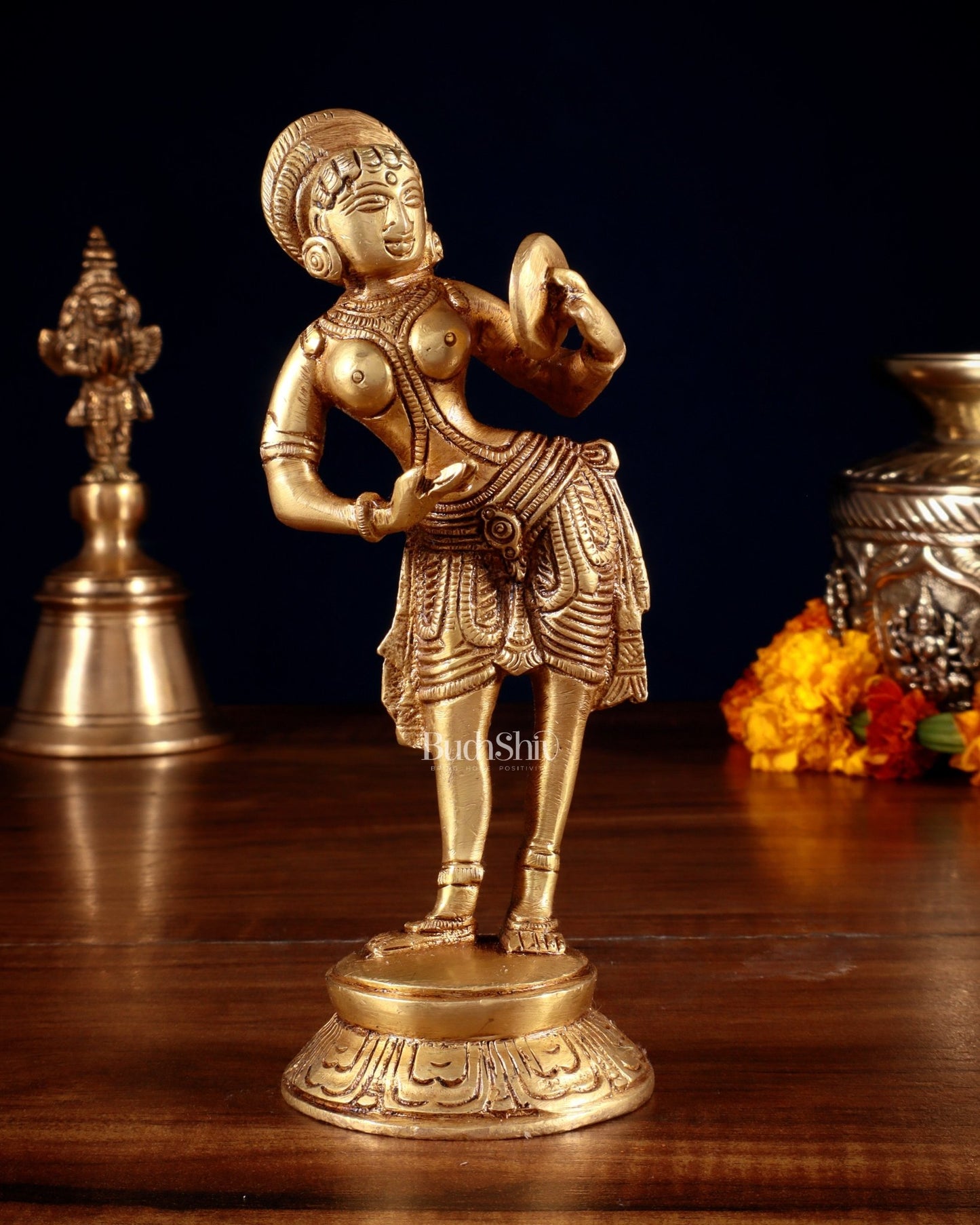 Traditional Brass Apsara with Mirror Showpiece – 6.4” - Budhshiv.com