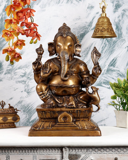 Traditional Brass Ganesha Statue in Antique Finish – Grand Handcrafted Divine Sculpture (21.5 Inches) - Budhshiv.com