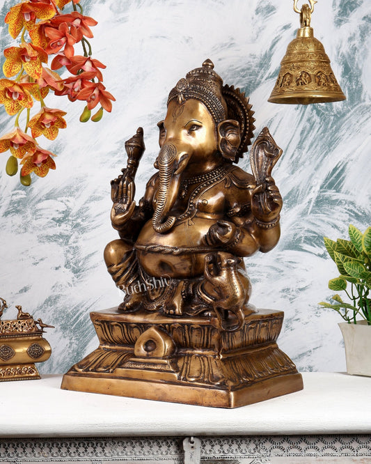 Traditional Brass Ganesha Statue in Antique Finish – Grand Handcrafted Divine Sculpture (21.5 Inches) - Budhshiv.com