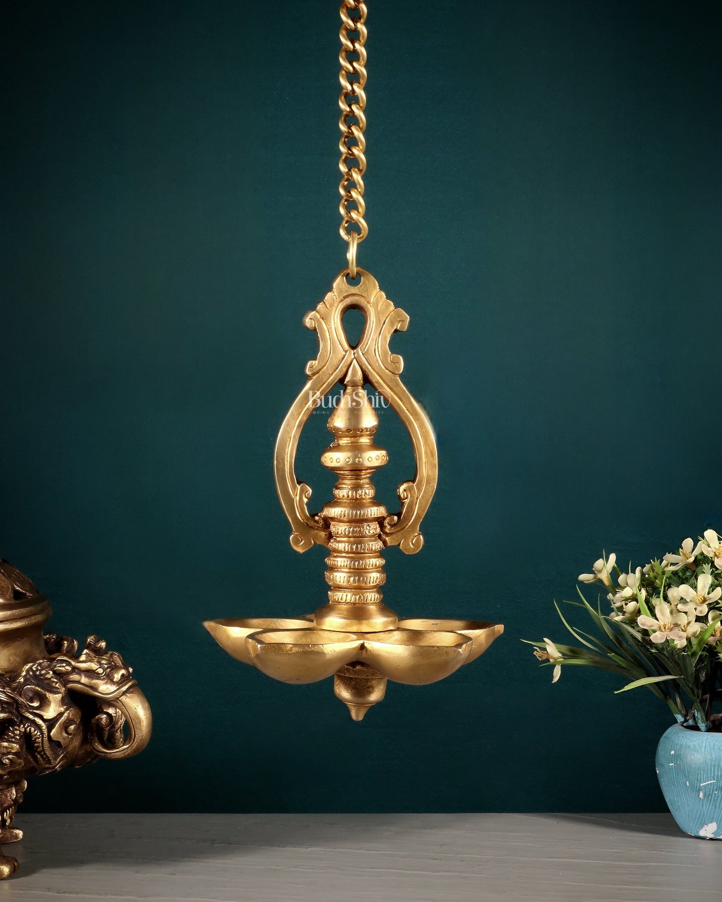 Traditional Brass Hanging Diya with 5 Wicks and Chain - Budhshiv.com