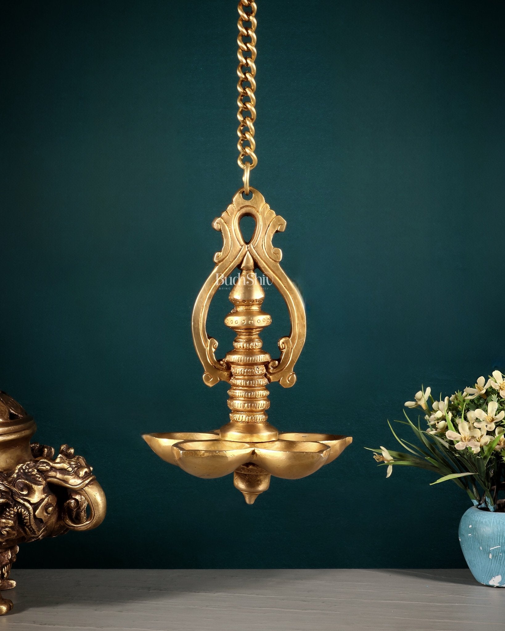 Traditional Brass Hanging Diya with 5 Wicks and Chain - Budhshiv.com