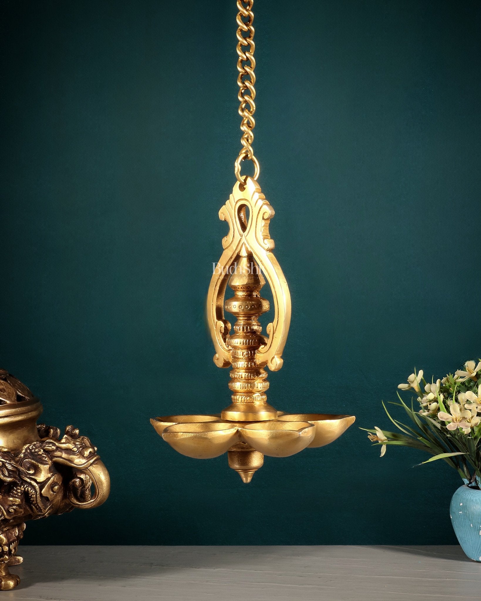 Traditional Brass Hanging Diya with 5 Wicks and Chain - Budhshiv.com