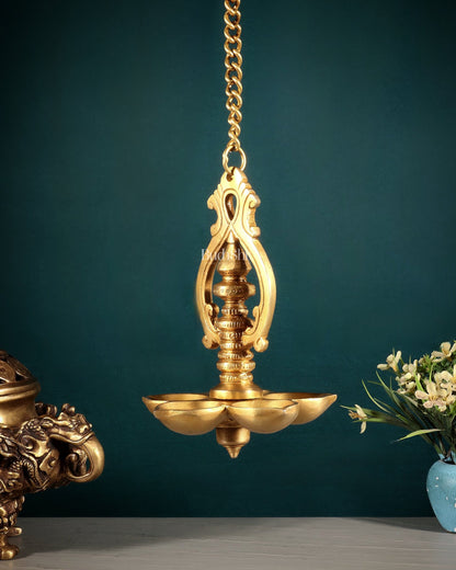 Traditional Brass Hanging Diya with 5 Wicks and Chain - Budhshiv.com