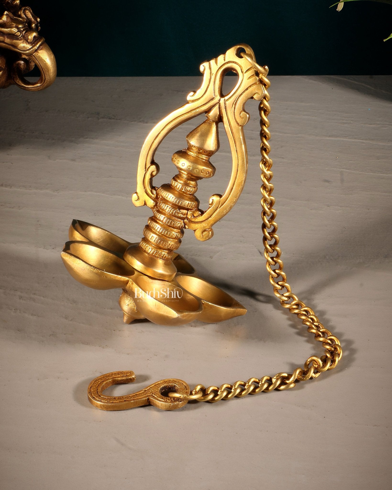 Traditional Brass Hanging Diya with 5 Wicks and Chain - Budhshiv.com