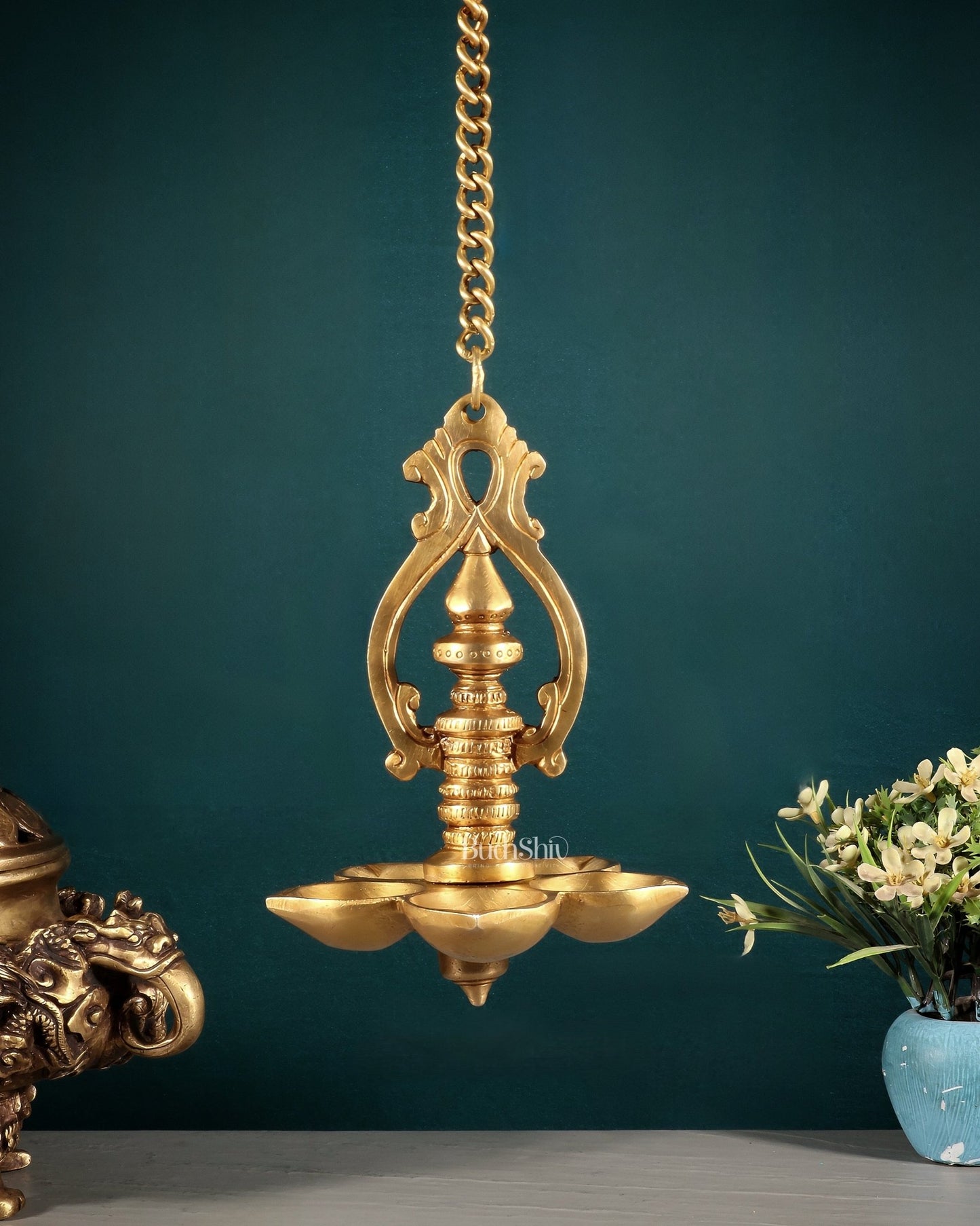 Traditional Brass Hanging Diya with 5 Wicks and Chain - Budhshiv.com