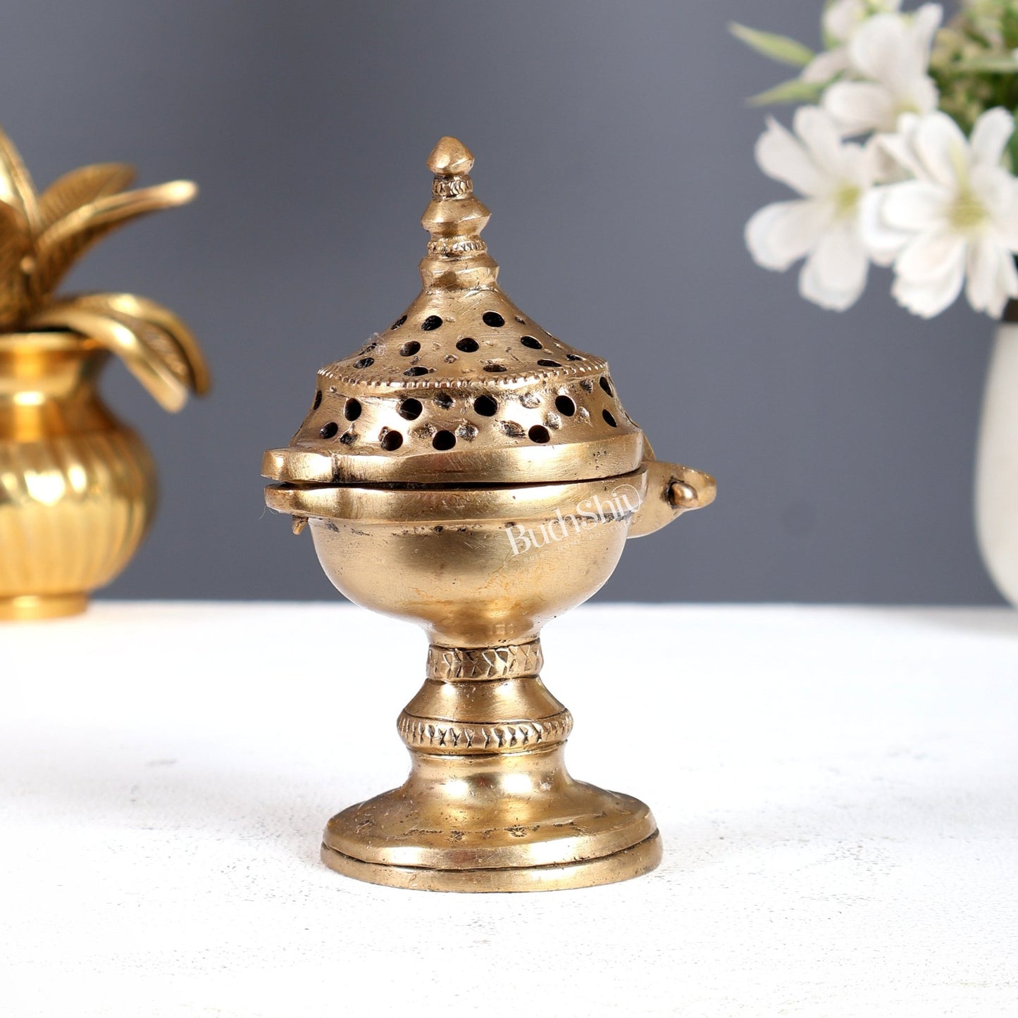Traditional Brass Round Dhoop Burner – Heritage Design Incense Burner (4.2 Inches) - Budhshiv.com