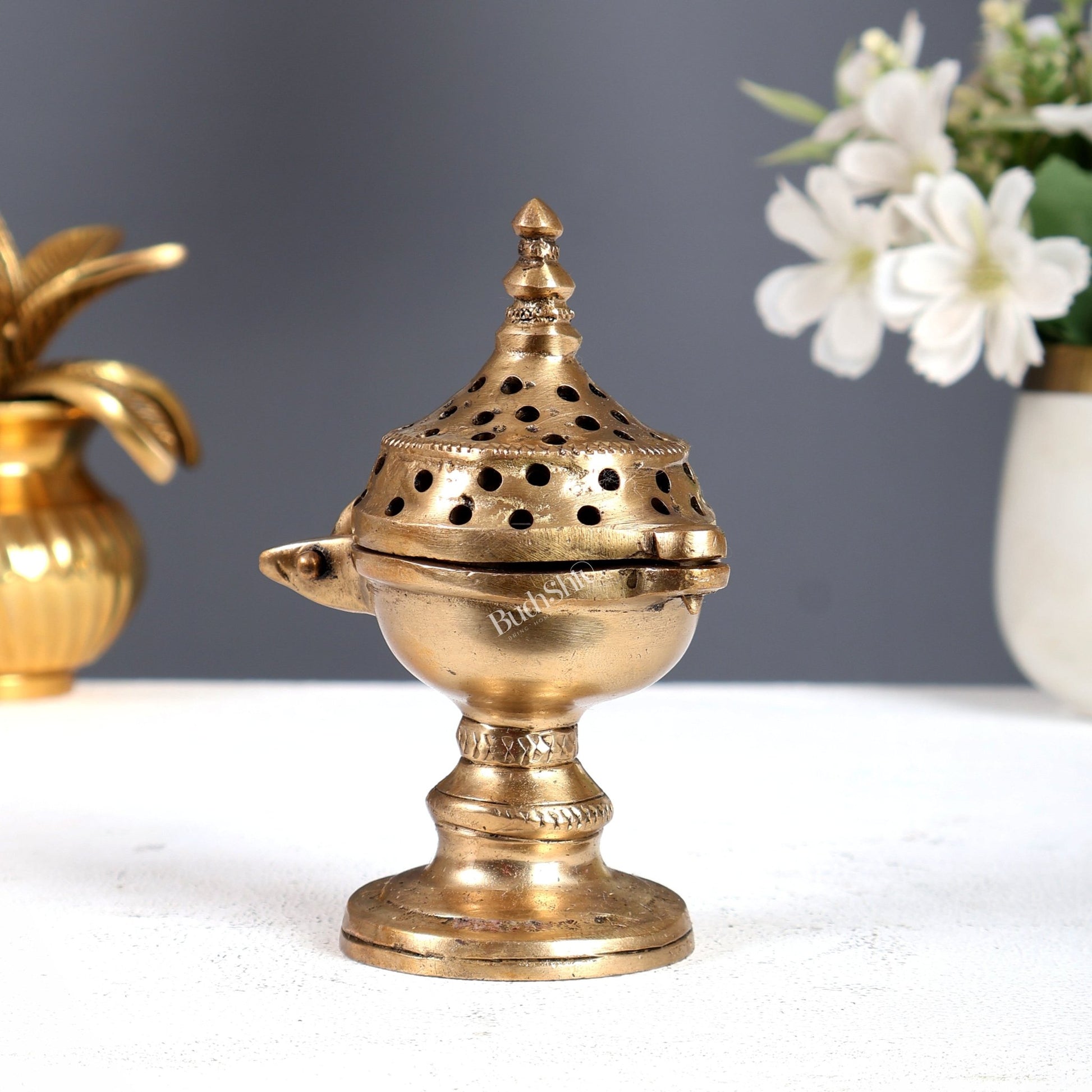 Traditional Brass Round Dhoop Burner – Heritage Design Incense Burner (4.2 Inches) - Budhshiv.com