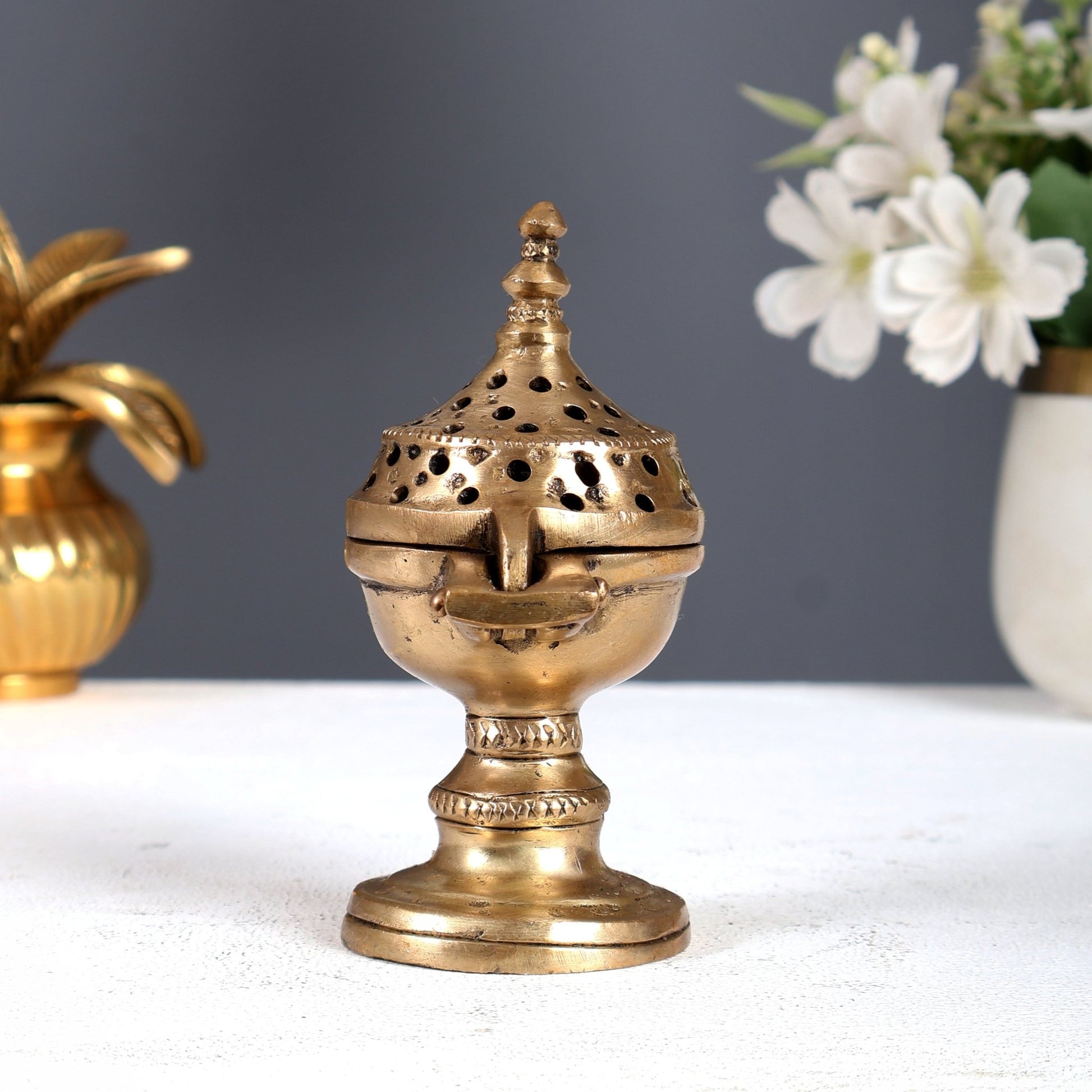 Traditional Brass Round Dhoop Burner – Heritage Design Incense Burner (4.2 Inches) - Budhshiv.com